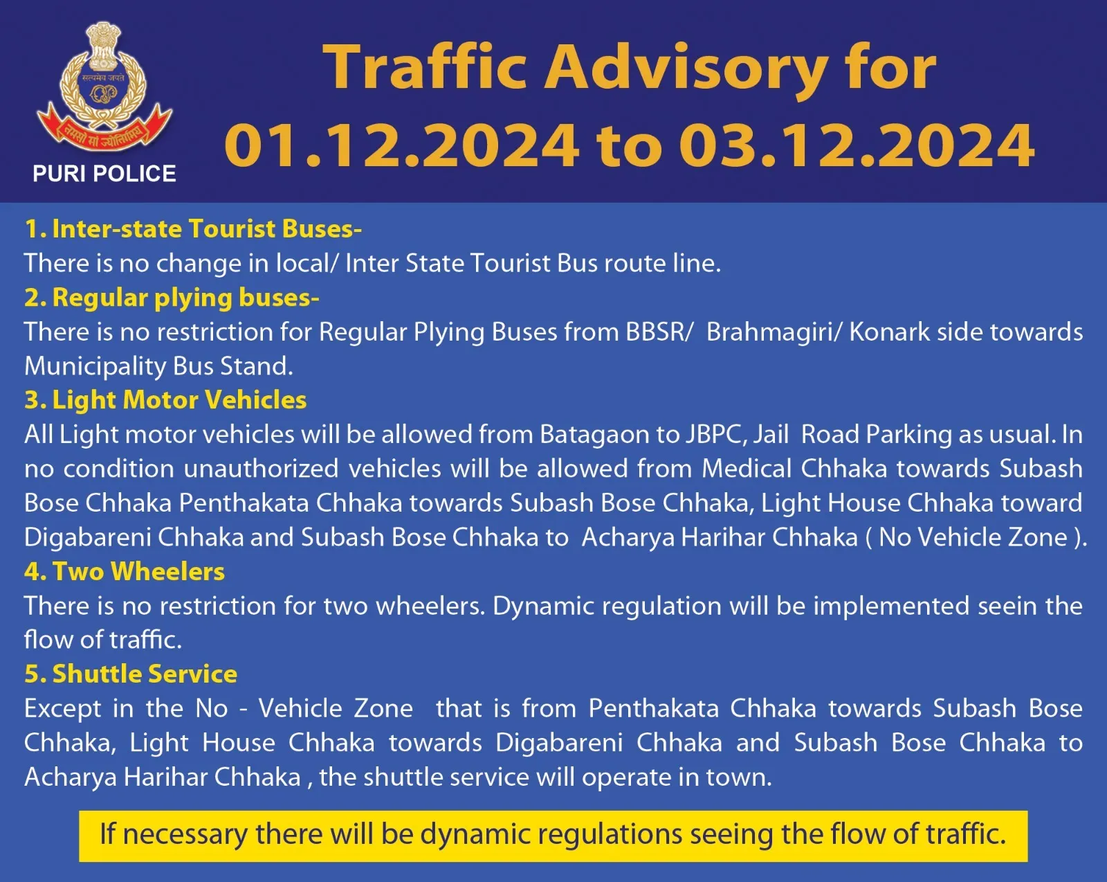 PURI TRAFFIC ADVISORY