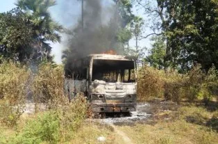 Bus set on fire by Maoists in Telerai in Malkangiri