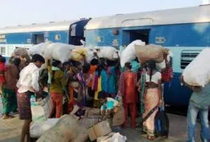 File pic of migrant labourers boarding a train to Hyderabad
