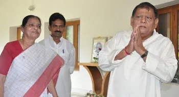 Kamala Das and Umesh Swain, who recently left the Congress, at Naveen Nivas after meeting BJD supremo Naveen Patnaik. Also seen is Rourkela MLA Sarada Nayak