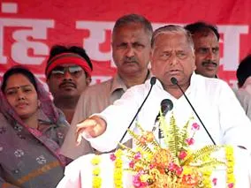 Samajwadi Party chief, Mulayam Singh Yadav addresses a public meeting at K. P. College ground in Allahabad on May 3, 2014. (Photo: IANS)