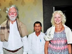 Prof Christine Finnan with her husband George and KISS founder Achyuta Samanta