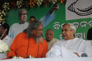BJD supremo Naveen Patnaik sharing a moment with Bhubaneswar MP Prasanna Patsani during the party's Foundation Day celebrations in Bhubaneswar on Friday (Pic: Biswaranjan Mishra) 