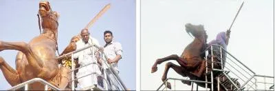 (Left) Surendra Sai's statue inaugurated and (right) covered
