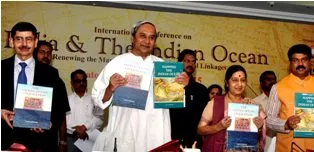 Smt. SushmaSwaraj, Hon?ble Minister for External Affairs, Government of India with  Naveen Patnaik, Hon?ble Chief Ministerof Odisha, and ShriDharmendraPradhan, Hon?ble Minister of State (Independent Charge) for Petroleum, Government of India Release Book international conference on India and the Indian ocean in Bhubaneswar on Friday