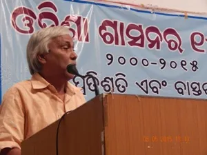 Former Finance minister Panchanan Kanungo addressing the function at the release of the citizen's report on governance in Odisha in the last 15 years on Tuesday