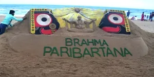 Renowned sand artist Sudarsan Pattnaik created a sand sculpture on the Puri beach on Sunday afternoon to mark the momentous occasion of Brahma Parivartan, the infusion of life substance into the new idols of the deities, on Monday night.