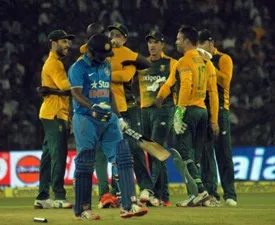 South Africans rejoice after Amabati Rayudu is bowled for a blob by Rabada (OST Photo)