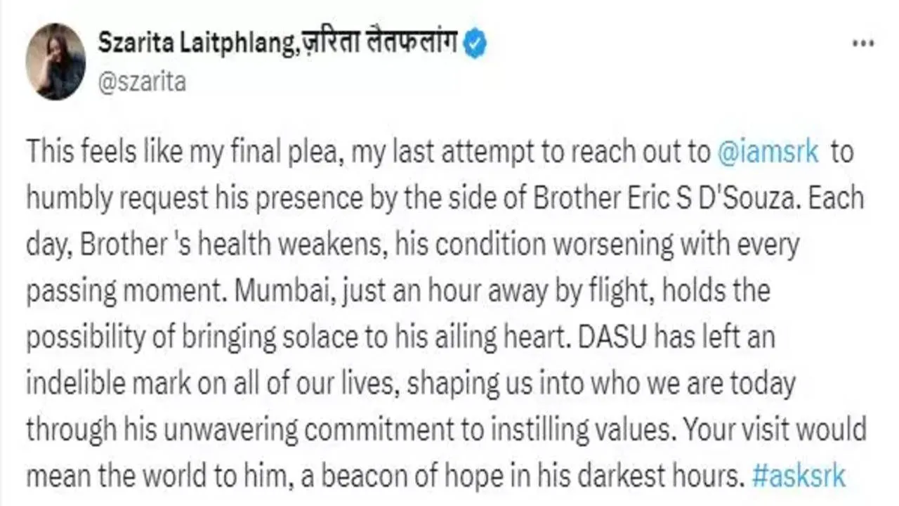 Political leader urges Shah Rukh Khan to visit his ailing mentor brother  Eric D'Souza soon: 'His health is really deteriorating...' | - Times of  India