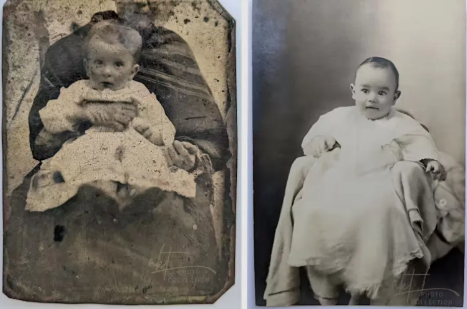 Plain clothing and lack of studio props in the photo on the left suggests this baby boy sits on his working-class mother’s lap, circa 1860. Conversely, the photo on the right features sophisticated lighting and fine detail in a late portrait of a baby boy perched in a draped chair, with his mother tucked behind, circa 1890s. © Andrea Kaston Tange. All images from the author’s private collection.