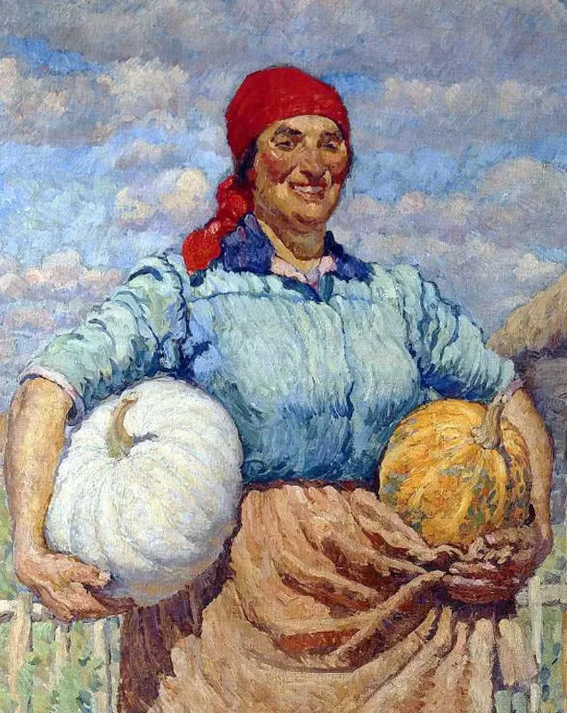Farmer with pumpkins by Ilya Ivanovich Mashkov (1930). WikiArt