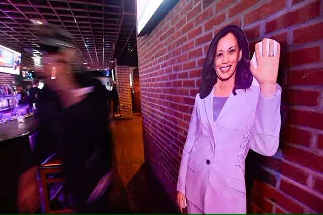 A cardboard cutout of Kamala Harris stands in a bar in Philadelphia, Pa., in the early hours of Nov. 6, 2024. Matthew Hatcher/AFP via Getty Images