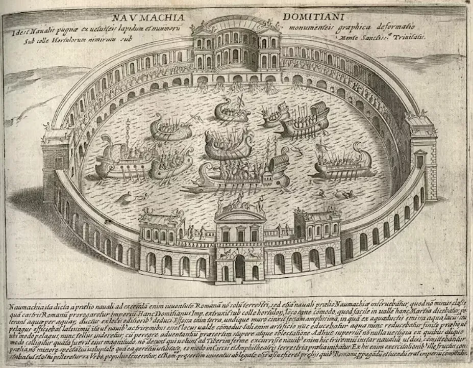 This 1625 print by Giacomo Lauro depicts a naumachia held under the emporer Domitian. Wikimedia