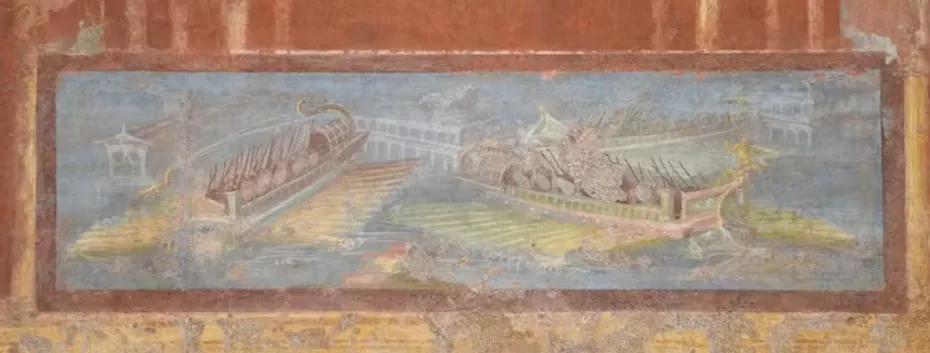 This fresco wall painting on a panel from the Temple of Isis in Pompeii depicts a naumachia. Wikimedia/Naples National Archaeological Museum, CC BY-SA