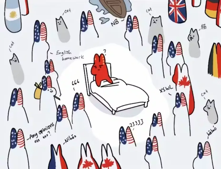 This cartoon posted on RedNote illustrates how native users of the app experienced the influx of Western TikTok users. screenshot by Jianqing Chen of RedNote user @蒜香排骨's post