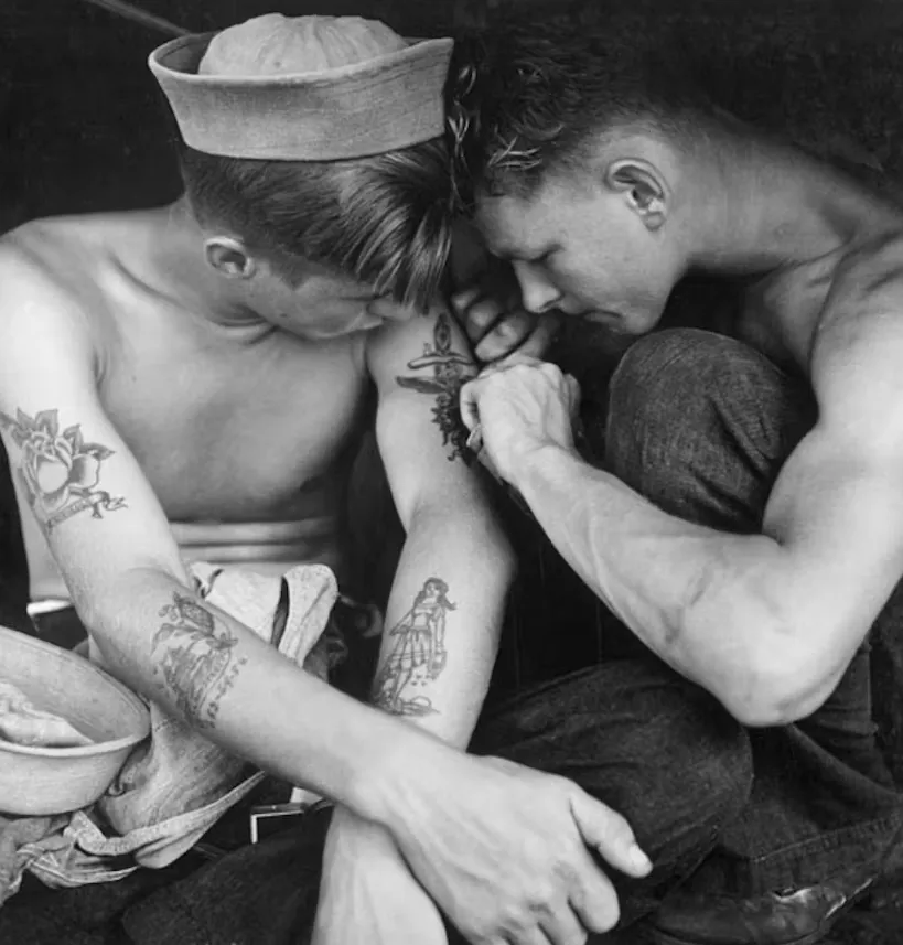 Tattooed sailor aboard the USS New Jersey, 1944. US Department of Navy