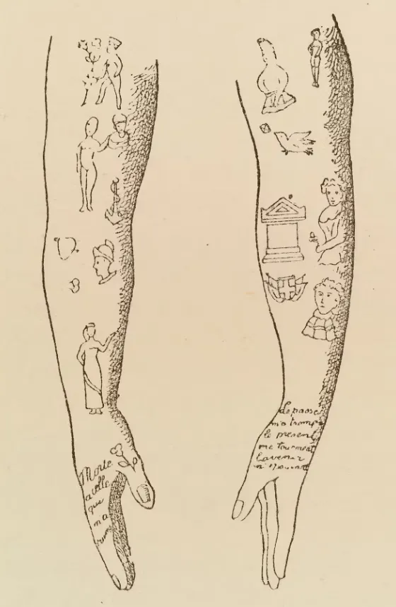An illustration of a convict’s arms from Cesare Lombroso, The Delinquent Man (1889). Lombroso was an Italian criminologist who believed that tattooing was evidence of a criminal personality. Wellcome Collection, CC BY