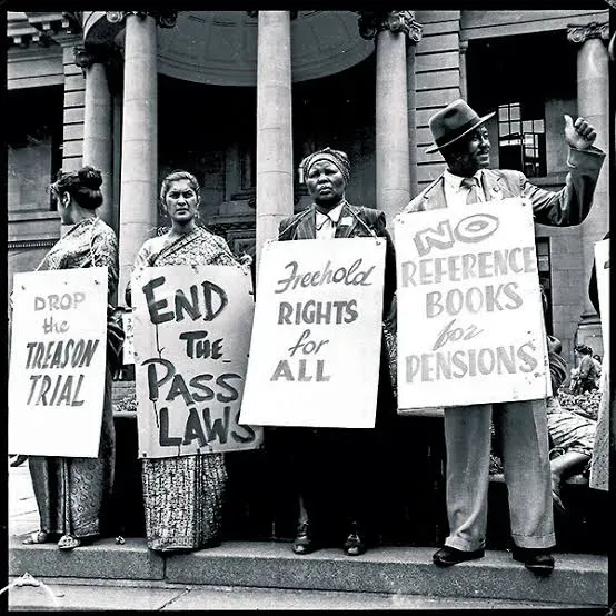 Amina Cachalia, second from the left, marching against the pass laws - 1956