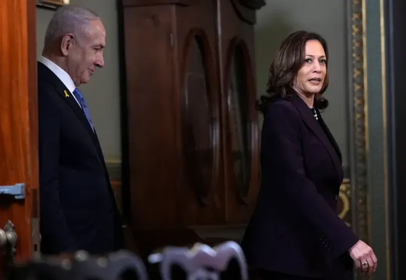 Vice President Kamala Harris, right, and Israeli Prime Minister Benjamin Netanyahu arrive at the Eisenhower Executive Office Building at the White House complex on July 25 [Julia Nikhinson/AP Photo]