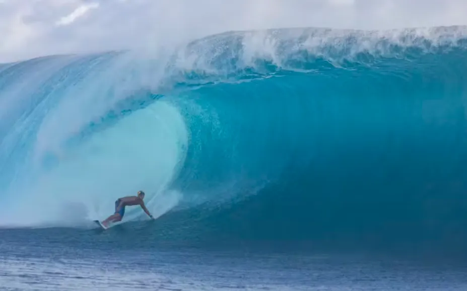 French surfer Kauli Vaast training for the Paris Olympics at Tahiti’s famous Teahupo'o reef break. Getty Images