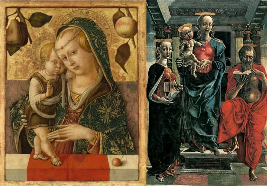 Left: Prudence by Andrea della Robbia (circa 1475). Right: Madonna and Child with St. Mary Magdelene and St. Jerome by Cosmè Tura (circa 1455). National Gallery of Art/Musée Fesch