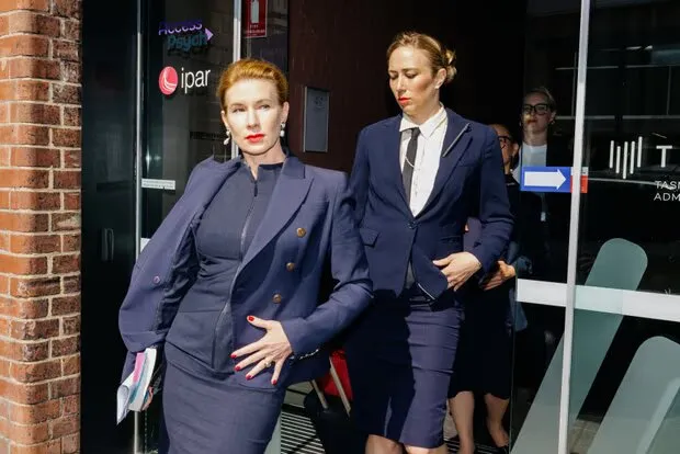 Artist Kirsha Kaechele, creator of Ladies Lounge, exiting a hearing in the Tasmanian civil and administrative on 19 March. Photograph: Jesse Hunniford Mona/Charlotte Vignau