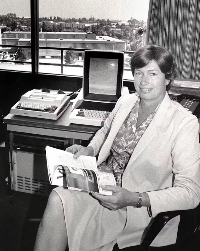 Lynn Conway in her office at Xerox PARC in 1983. photo by Margaret Moulton