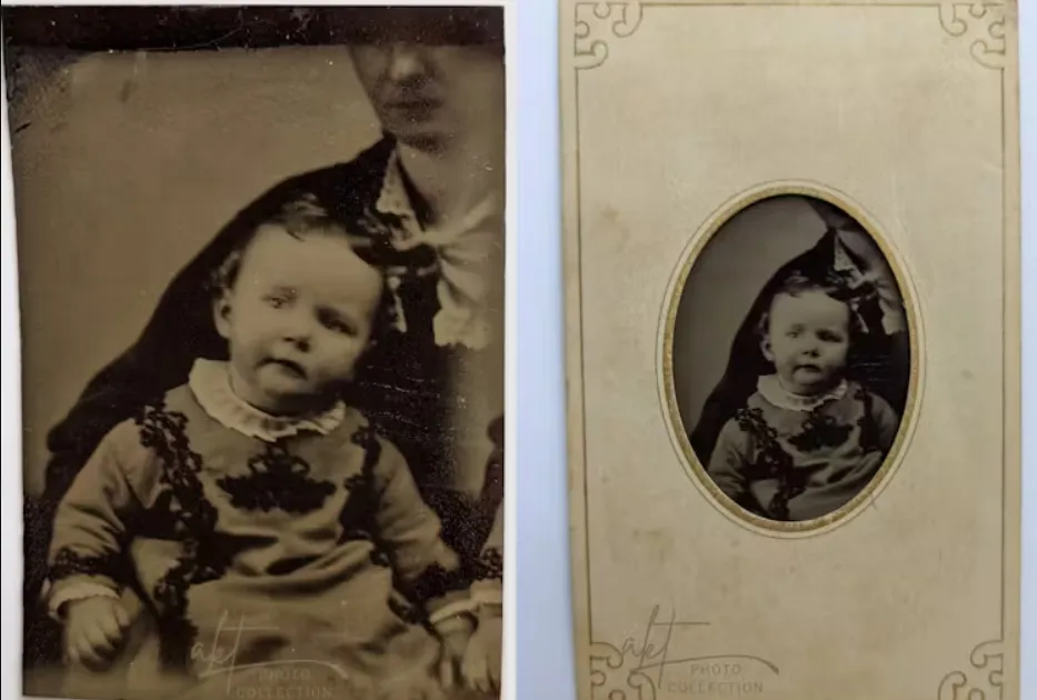 This image of a curious twin on her mother’s lap is shown here without and with its original mat, circa 1850s. © Andrea Kaston Tange. All images are from the author’s private collection.