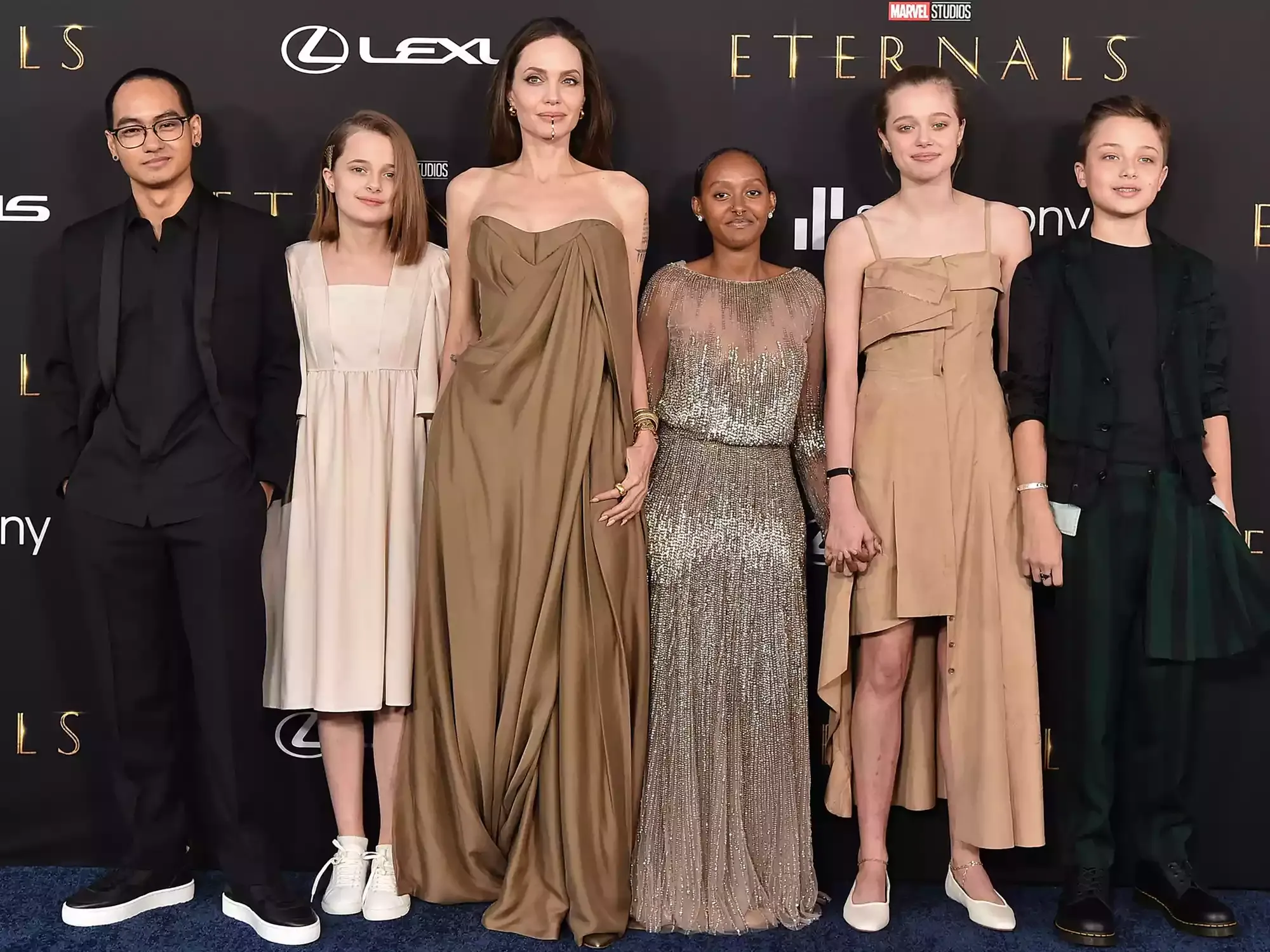 Maddox Jolie-Pitt, Vivienne Jolie-Pitt, Angelina Jolie, Knox Jolie-Pitt, Shiloh Jolie-Pitt, and Zahara Jolie-Pitt attend the Los Angeles Premiere of Marvel Studios' "Eternals" on October 18, 2021 in Los Angeles, California.