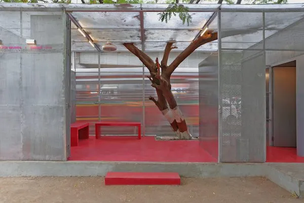 Eco-friendly, women's only restroom. Seating on the left, toilets on the right. Picture Credit: Agasti Foundation