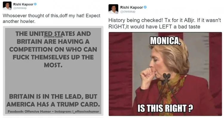 Rishi Kapoor puts out misogynistic tweet on Hillary Clinton, gets slammed on social media