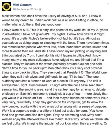 An FB post about women at work that went viral in 2014.