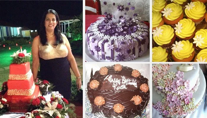 Melissa Martins of Renee's Goodies in Goa stands besides a red and gold decorated wedding cake with flowers along with yellow lemon cupcakes, chocolate ferrero rocher birthday cake, gum paste decor flowers and a purple cake with wands and tulle