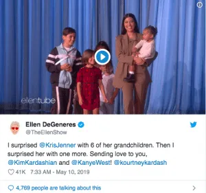 Ellen surprises family of Kim's surrogate inlabor