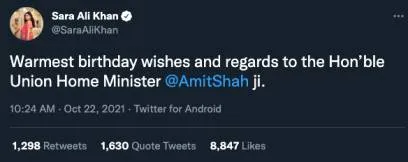 sara ali khan wishes amit shah