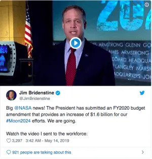 Jim Bridenstine tweete on mission artemis