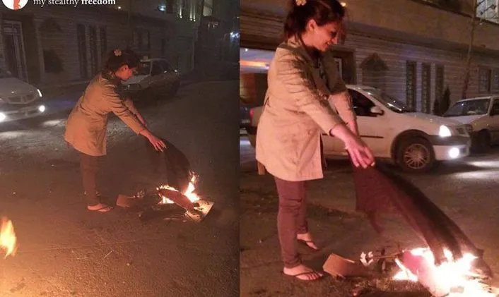 Iranian woman burns black veil