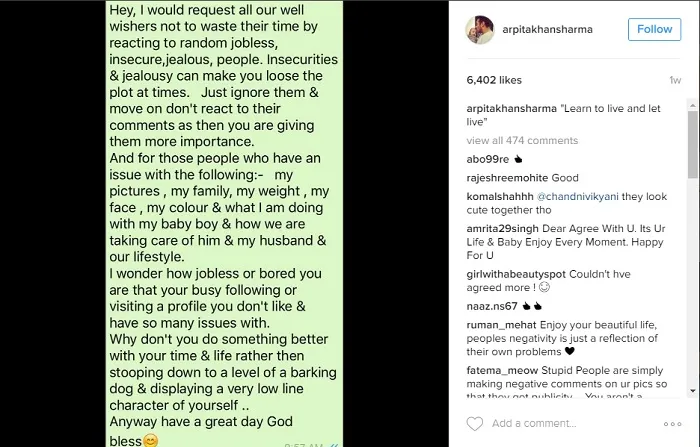 Arpita Khan reacts on instagram