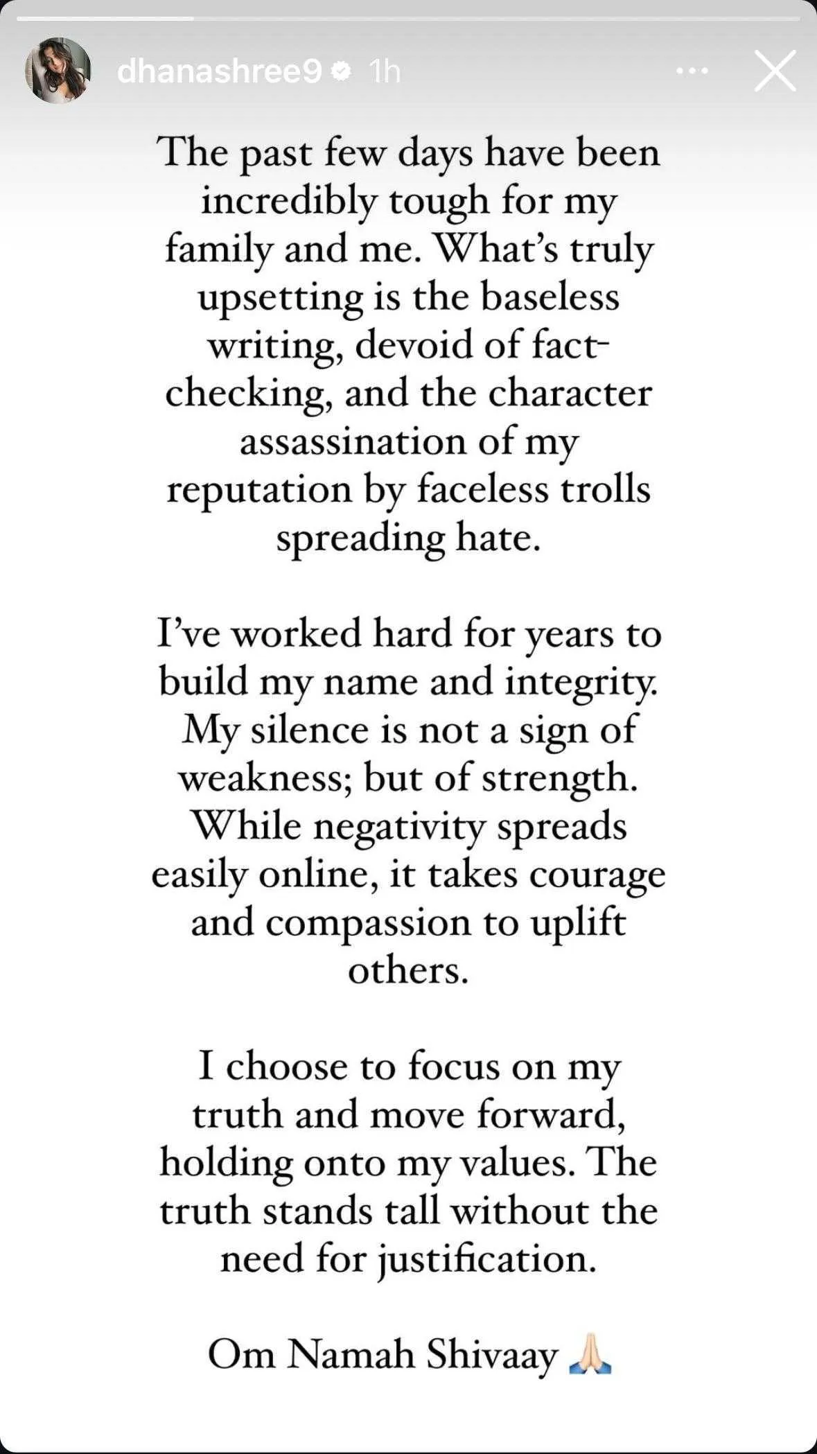 Dhanashree Verma's statement on Instagram.