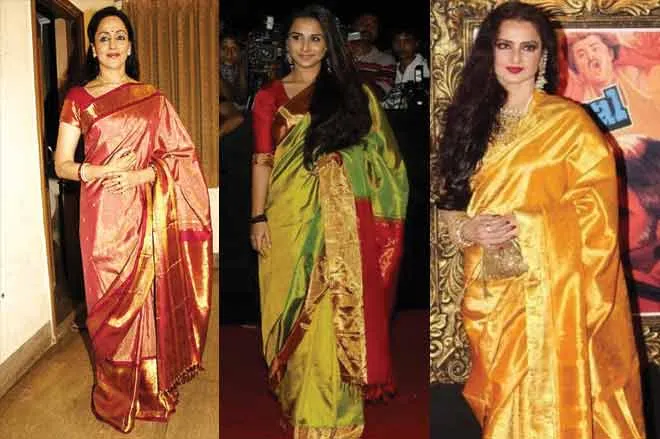 (From left) Hema Malini, Vidya Balan and Rekha in Kanjivaram Sarees Picture By: Shree Kalyanam.com