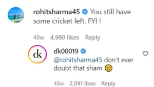 Rohit Sharma’s comment on Dinesh Karthik’s insta post (Photo Source: Instagram/Dinesh Karthik)