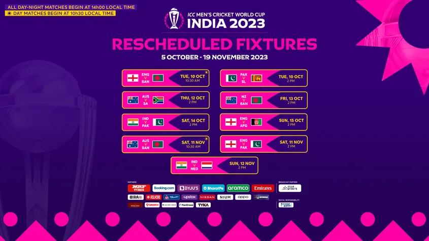 Rescheduled ICC Men's Cricket World Cup 2023 fixtures