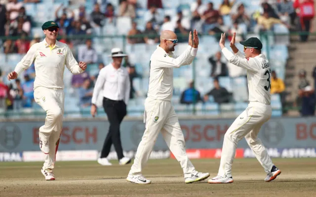 Nathan Lyon celebrating with teammates