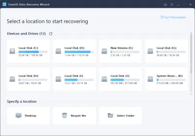 EaseUS Data Recovery Free Screenshot for select a location