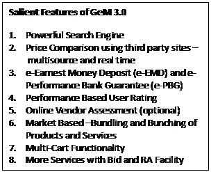 Text Box: Salient Features of GeM 3.01.	Powerful Search Engine2.	Price Comparison using third party sites – multisource and real time3.	e-Earnest Money Deposit (e-EMD) and e-Performance Bank Guarantee (e-PBG)4.	Performance Based User Rating5.	Online Vendor Assessment (optional)6.	Market Based –Bundling and Bunching of Products and Services7.	Multi-Cart Functionality8.	More Services with Bid and RA Facility