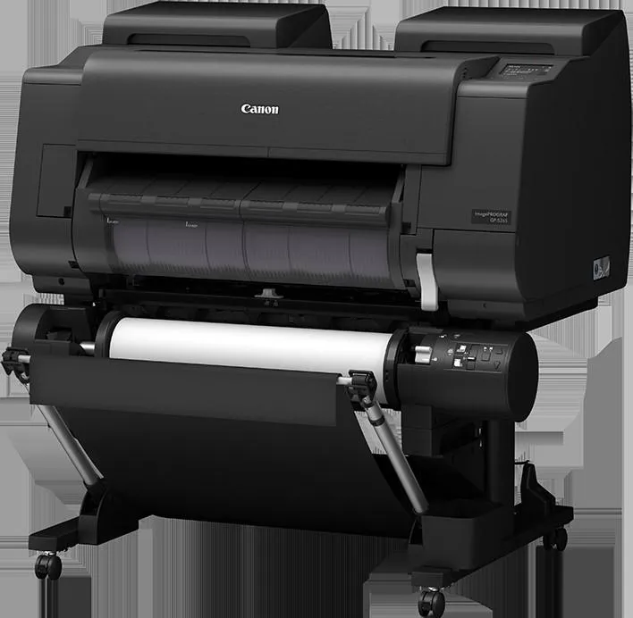 A large black printer with a roll of paper

Description automatically generated