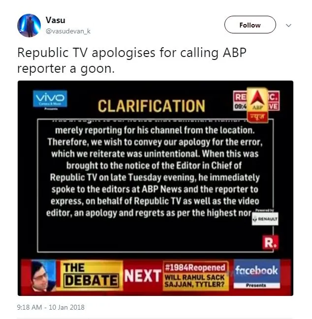 Republic TV apologized