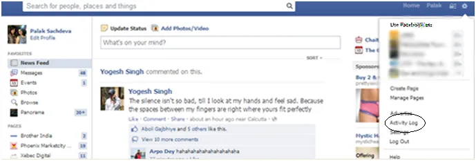 Facebook activity log