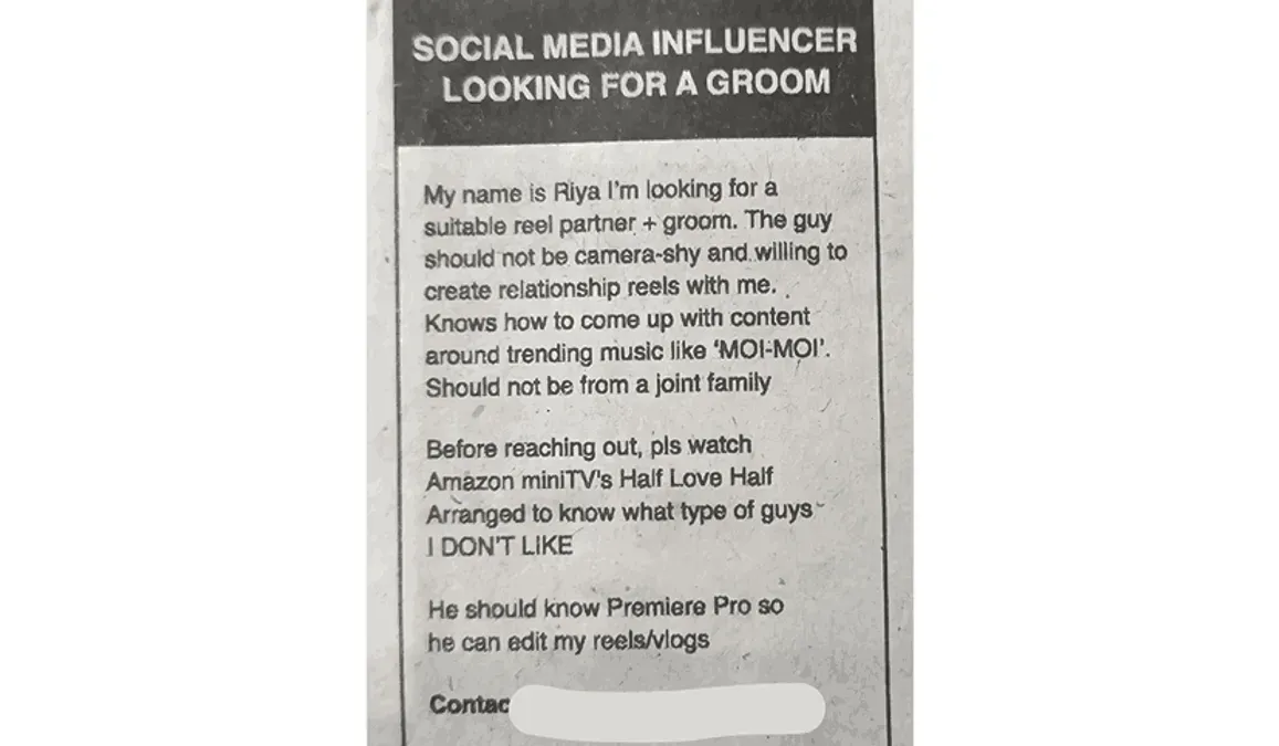 Influencer Looks For 'Reel Partner' In Matrimonial Ad; Internet Reacts