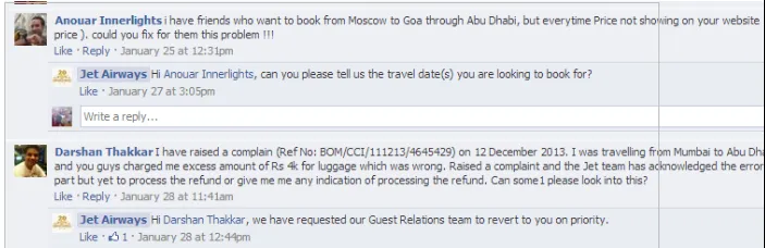 jetairways interaction with customer on fb 